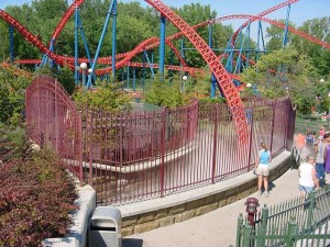 Over one thousand feet of specialty fences and several large gates were made for specific amusements at the new Six Flags New England park. In this photograph you can see a helical fence at the entrance to the Superman Roller coaster tunnel entrance. The exit has the same detail.
